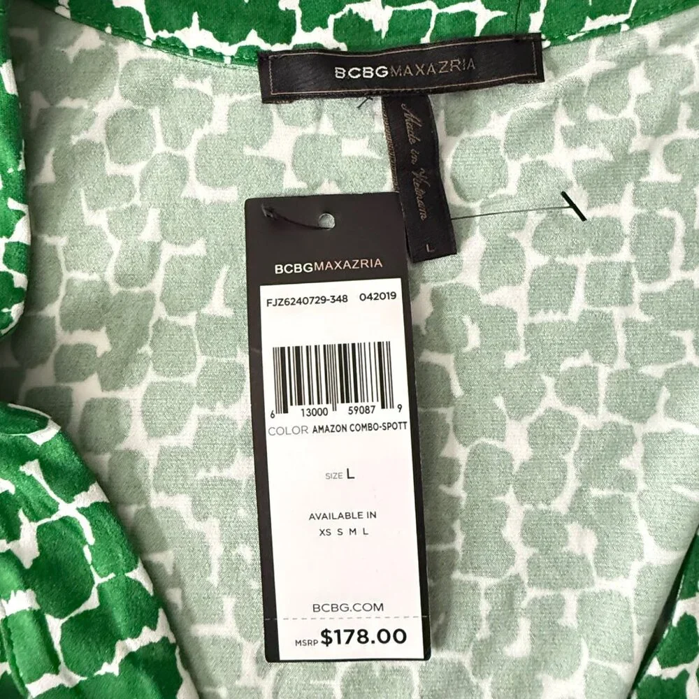 BCBG Max Azria Green White Wrap Dress Size L, Long Sleeve Abstract Pattern - Picture 5 of 11